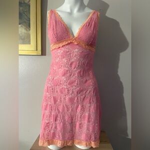La Vie En Rose Pink Nightgown with Peach Lace Trim